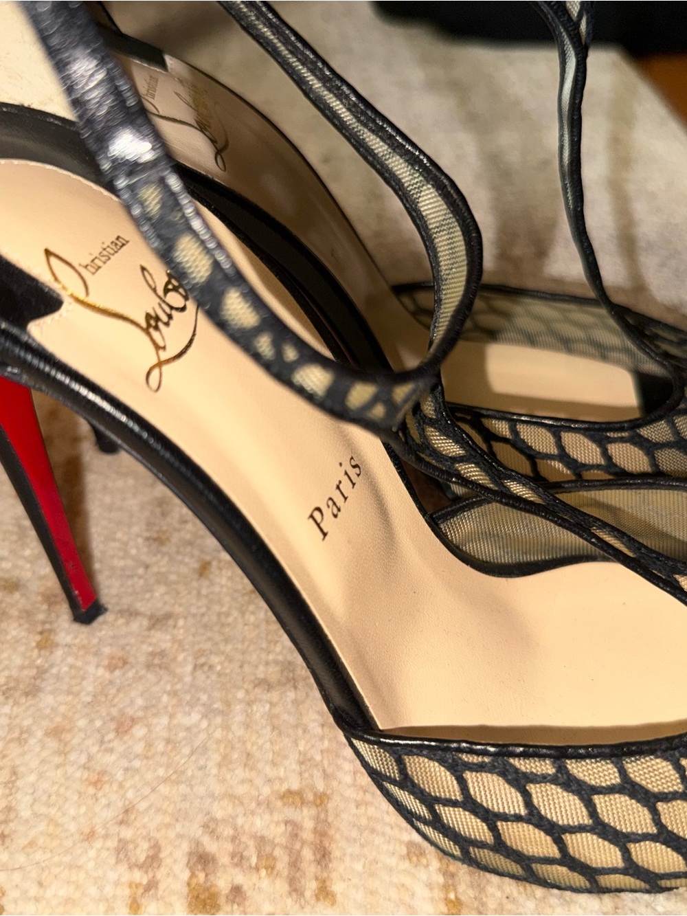 Christian Louboutin Black Mesh Peep-Toe Slingbacks with Nude Insole - Picture 3 of 5